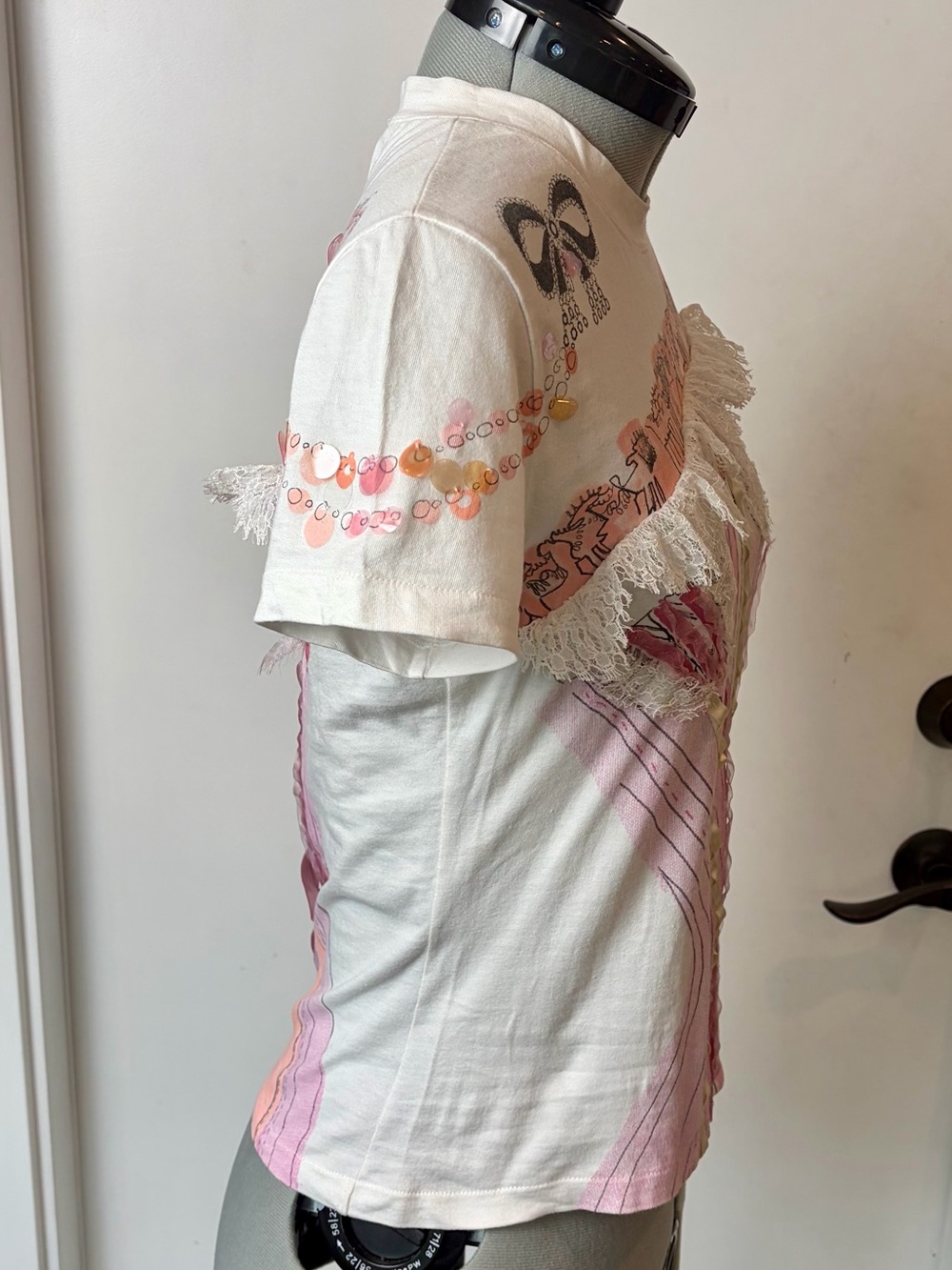 DIOR VTG Galliano ‘02 Corset Tee, white w/pink velvet ribbons&lace, M, EUC🎀 - Picture 4 of 15